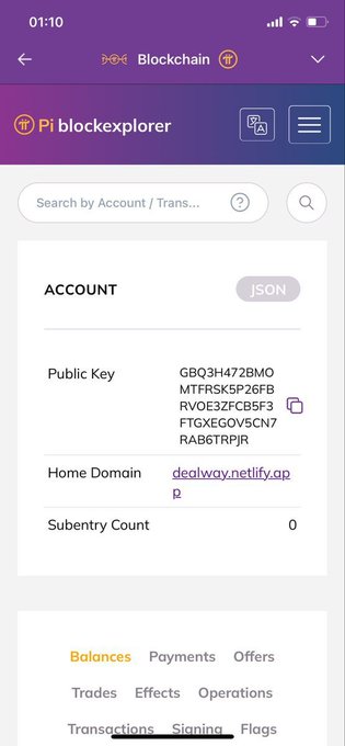 A screenshot of the Pi blockchain explorer showing an account with the public key "GBO3H472BMOMTFRSK5P26FBRVOE32FCB5F3FTGXEGOV5CN7RAB6TRPJR" and home domain "dealway.netlify.app," illustrating the post's mention of test PIs being sent to the Deal Way app on the testnet.