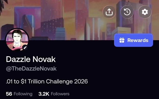 A profile page for Dazzle Novak (@TheDazzleNovak) displaying a cyberpunk cityscape banner, the bio text '.01 to $1 Trillion Challenge 2026', 56 Following, 3.2K Followers, and a 'Rewards' button.