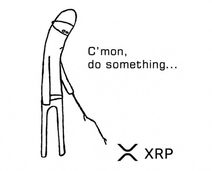 A stick-figure character holds a carrot-on-a-stick labeled "XRP," saying "C'mon, do something..." — humorously illustrating a frustrated XRP holder urging the cryptocurrency to finally move in price.