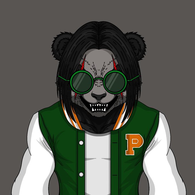 A digital illustration depicts a menacing anthropomorphic lion-like character with sharp teeth wearing round green sunglasses and a green and white varsity jacket with the letter 'P'.