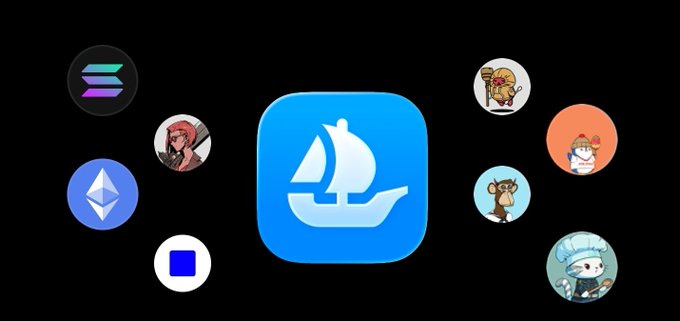 A central blue app icon depicting a white sailing ship is surrounded by various circular icons on a black background, including logos for Solana and Ethereum, along with several cartoon characters.