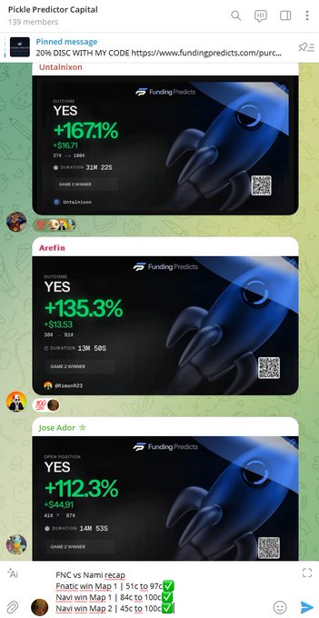 A Telegram channel 'Pickle Predictor Capital' displaying Funding Predicts game results with winners Untalnixon (+167.1%), Arefla (+135.3%), and Jose Ador (+112.3%).