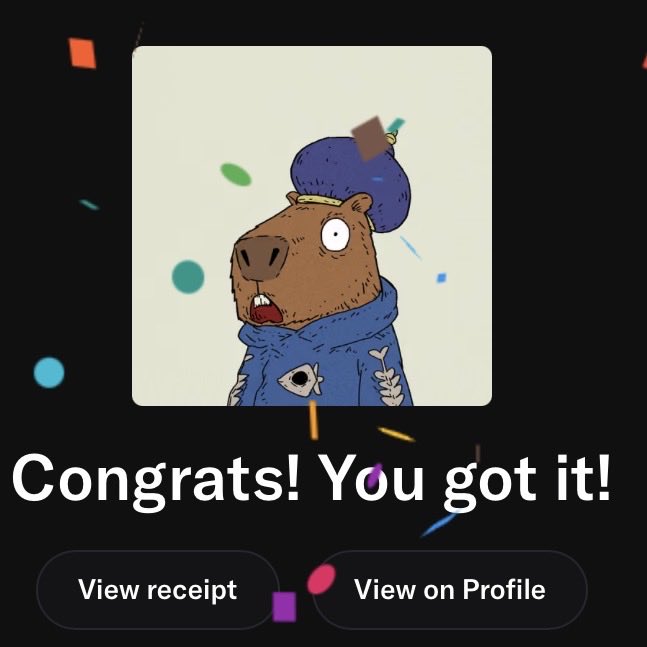 A cartoon illustration of a brown creature wearing a blue chef's hat and hoodie with confetti around it, with text reading 'Congrats! You got it!' and buttons 'View receipt' and 'View on Profile'.
