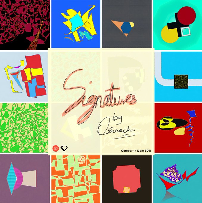 A promotional graphic for the digital art collection "Signatures by Osinachi," featuring a grid of vibrant abstract compositions alongside handwritten-style text announcing the release on October 14 at 3PM EDT. The bold colors and geometric shapes in the surrounding artwork showcase the abstract style of the 1111-piece collection made in Microsoft Word.