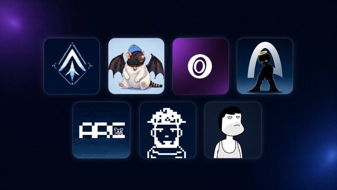 Seven NFT project icons displayed on a dark blue/purple gradient background, representing the NFTs featured in the Arc Mainnet countdown roundup post, including ArcPunks, a devil character NFT, a purple logo, a hooded figure, an "AP" pixel art piece, a pixelated character, and a cartoon figure with a sad expression.