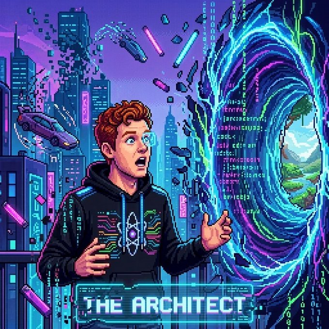 A vibrant pixel-art style image features a surprised young man in an atom-logo hoodie looking at a swirling blue portal, with the text 'THE ARCHITECT' displayed at the bottom.