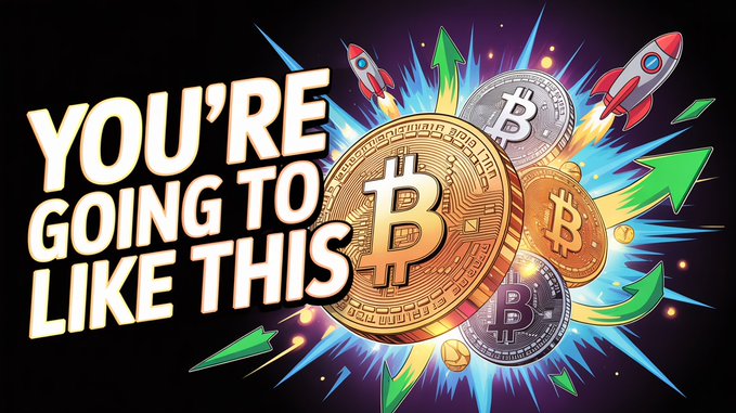 A vibrant graphic featuring Bitcoin coins and green upward-pointing arrows alongside rockets, with bold text reading 'YOU'RE GOING TO LIKE THIS' suggesting cryptocurrency price growth.
