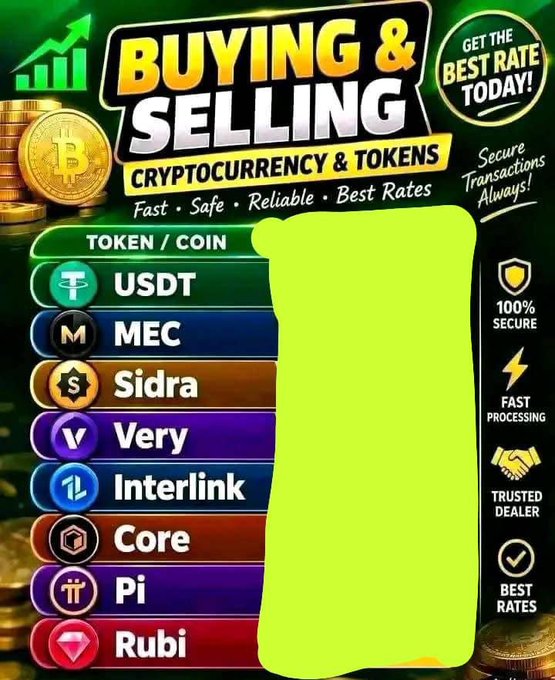 An advertisement for buying and selling cryptocurrency and tokens, listing options like USDT, MEC, Sidra, Very, Interlink, Core, Pi, and Rubi, with claims of 'Secure Transactions Always!' and '100% SECURE'.