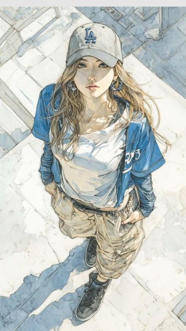 A watercolor-style illustration of a young woman wearing an LA Dodgers cap, blue jersey over a white top, and cargo pants, standing on a tiled surface.