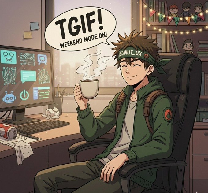 An anime-style illustration of a young man wearing a green hoodie and a headband, sitting at a desk with a computer monitor and holding a steaming cup of coffee, with a speech bubble reading 'TGIF! WEEKEND MODE ON!'.