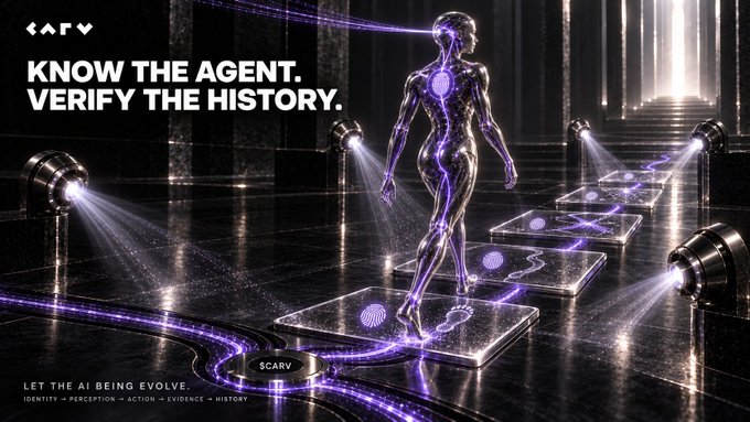A glowing humanoid figure stands on illuminated platforms in a futuristic corridor, with the text "KNOW THE AGENT. VERIFY THE HISTORY." alongside the CARV logo and tagline "LET THE AI BEING EVOLVE," visually representing CARV's vision of AI beings with verifiable identity and authenticated histories.