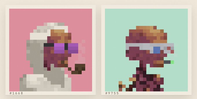 Two pixel art portraits on colored backgrounds: on a pink background labeled '#1668' is a figure with a white hood and purple visor, and on a teal background labeled '#9755' is a figure with orange hair and a red and blue visor.