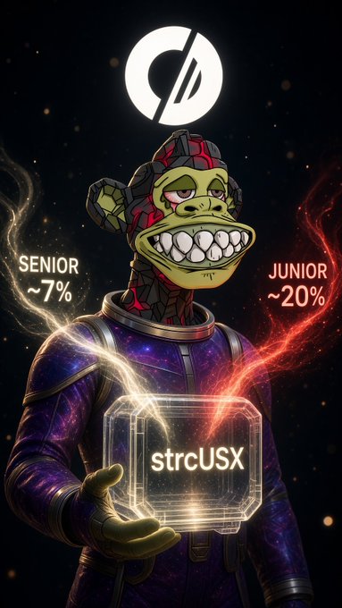 The image features a stylized ape wearing a space suit, holding a glowing cube labeled "strcUSX," with text showing "SENIOR ~7%" and "JUNIOR ~20%" flanking the figure and a logo above — illustrating the SolsticeFi split-yield structure referenced in the post. The cosmic, dual-natured design (fire and cosmic dust) visually represents how the senior and junior tranches of strcUSX split Strategy's ~12% cash dividend stream onchain.