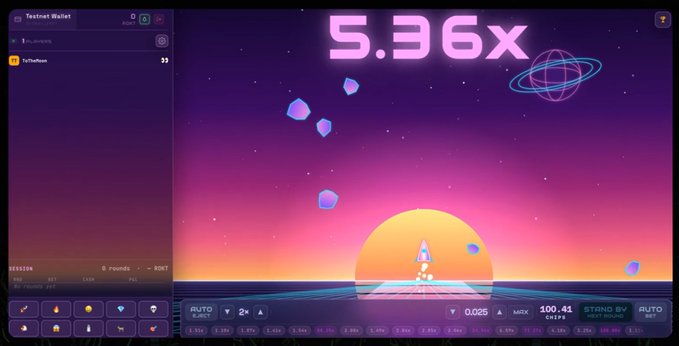 A screenshot of the Pi Testnet Wallet playing a crash game showing a 5.36x multiplier with a rocket and planets against a sunset background.