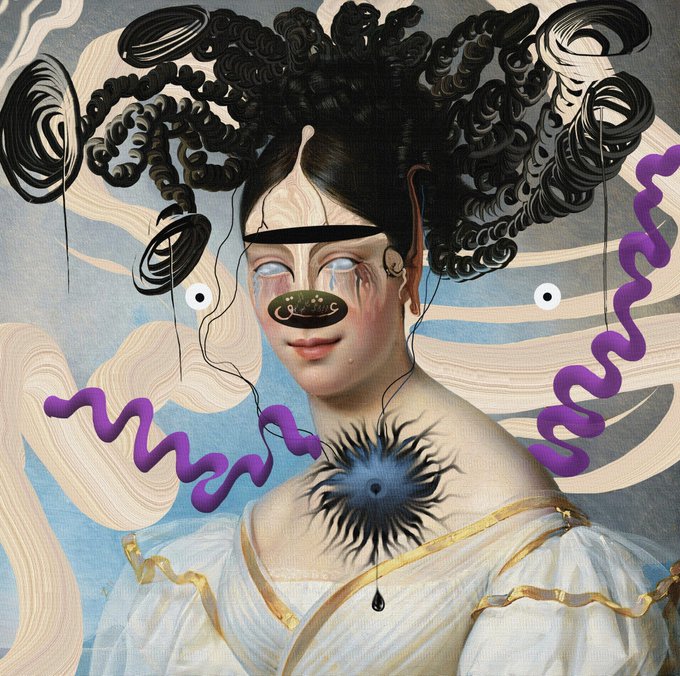 A surreal digital artwork of a woman with elaborate curled black hair, crying, with a dark circle covering her mouth, purple ribbon-like shapes, and a spiked black emblem on her chest.
