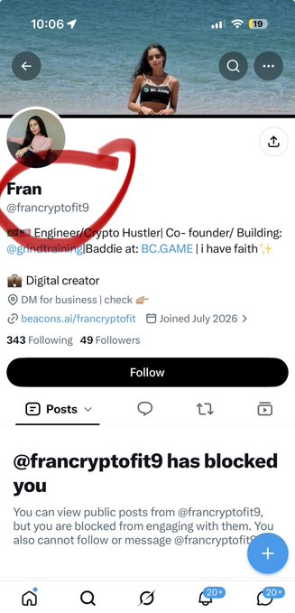 Twitter/X profile screenshot of user 'Fran' (@francryptofit9) who describes themselves as an Engineer/Crypto Hustler/Co-founder, with a notification that the user has blocked the viewer.
