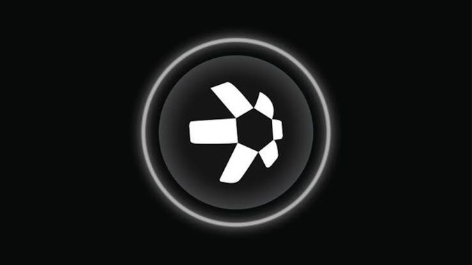 A black and white logo featuring a stylized pinwheel or propeller design inside a dark circle with a glowing white border.