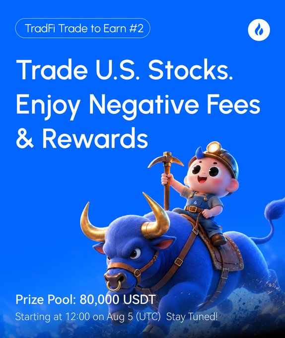 A promotional graphic for "TradFi Trade to Earn #2" featuring a 3D mascot of a miner character riding a blue bull while holding a pickaxe, advertising an 80,000 USDT prize pool starting August 5 at 12:00 UTC for trading U.S. stocks with negative fees and rewards. The image's bold headline and prize pool details directly reinforce the post's announcement of expanded rewards for the second iteration of the campaign.