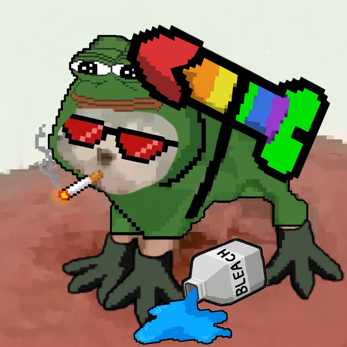 A pixel art illustration of a green Pepe the Frog character wearing pixelated sunglasses, smoking a cigarette, carrying an 'NFT' backpack, and holding a 'BLEACH' bottle pouring blue liquid.