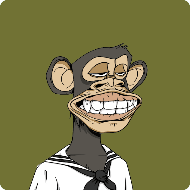 A cartoon illustration of a monkey character with a wide, toothy grin wearing a white sailor-style outfit with a black tie, set against a solid olive green background.