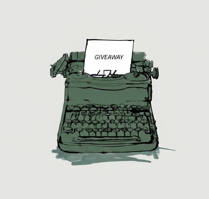A hand-drawn sketch of a green typewriter with a sheet of paper inserted that reads 'GIVEAWAY'.