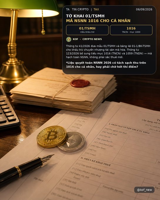 An image featuring a dark wooden desk with a lamp, stacked documents, a wax seal, and tax forms alongside a Bitcoin and Ethereum coin, overlaid with Vietnamese text about crypto taxes ("TỜ KHAI 01/TTSHM") and "KOF - CRYPTO NEWS".
