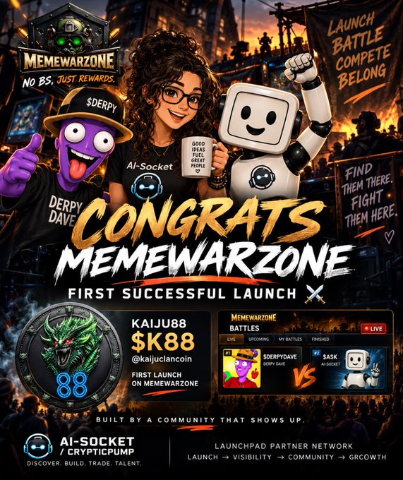 A promotional graphic celebrating 'CONGRATS MEMEWARZONE FIRST SUCCESSFUL LAUNCH,' featuring cartoon characters including $DERPY, AI-Socket, and SASK, promoting token KAIJU88 ($K88) on KaijuChain with the tagline 'LAUNCH BATTLE COMPETE BELONG - FIND THEM THERE. FIGHT THEM HERE.' and mentioning CryptoIcpump.