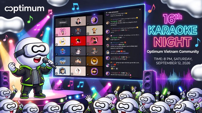 A promotional graphic for the '16th KARAOKE NIGHT' by the Optimum Vietnam Community at 8 PM on Saturday, September 12, 2026, featuring a cartoon mascot, a Discord interface with user avatars, and music notes.