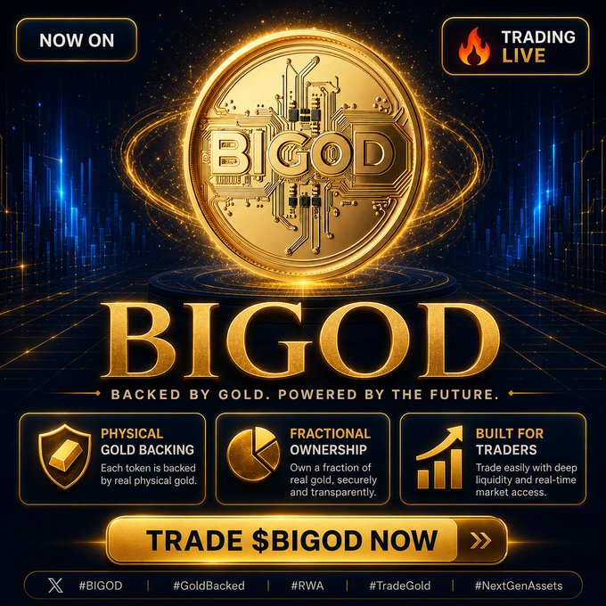 A promotional advertisement for 'BIGOD' cryptocurrency featuring a gold coin logo, with text 'NOW ON', 'TRADING LIVE', 'BACKED BY GOLD. POWERED BY THE FUTURE.', and features highlighting Physical Gold Backing, Fractional Ownership, and Built for Traders, with hashtags #BIGOD, #GoldBacked, #RWA, #TradeGold, #NextGenAssets.