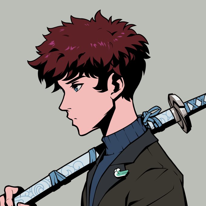 A side-profile illustration of a dark-haired, blue-eyed anime-style character carrying a water-themed katana, wearing a dark blazer with a small duck pin—matching the post's description of an Azuki Elemental NFT with a retro adventure, James Bond-meets-Cowboy Bebop aesthetic.