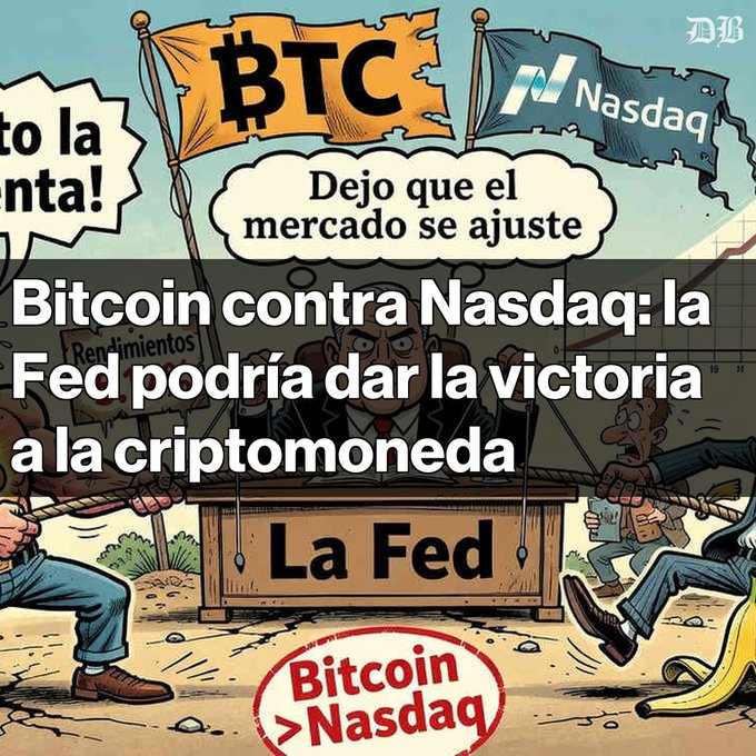 A cartoon illustration titled 'Bitcoin contra Nasdaq: la Fed podría dar la victoria a la criptomoneda' depicts a tug-of-war between BTC and Nasdaq flags at a podium labeled 'La Fed,' with a character saying 'Dejo que el mercado se ajuste' and a 'Bitcoin > Nasdaq' stamp.