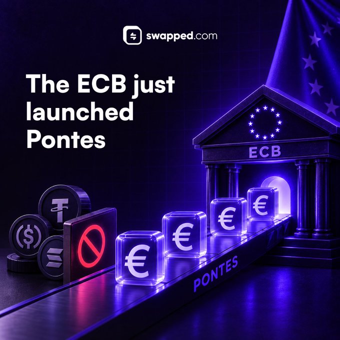 A promotional graphic from swapped.com features the headline "The ECB just launched Pontes" alongside an illustration of the European Central Bank building with euro symbols on transparent blocks flowing toward a "PONTES" platform, while competing stablecoins (showing Tether, USDC, and Solana logos) are blocked by a red prohibition sign—visually reinforcing the post's message that the ECB's new on-chain euro initiative directly challenges the dominance of stablecoins.