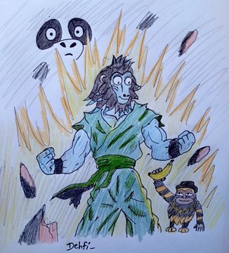 A hand-drawn, cartoonish illustration depicts a muscular character with a wide-eyed expression, accompanied by a small floating panda-like head and a furry creature at its feet, signed 'Dehfy.'