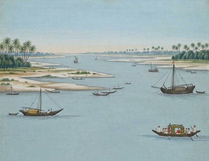 The image depicts a serene river scene reminiscent of "Zayandeh Rud," a famous river in Iran, with traditional boats, palm-lined shores, and figures crossing the water, likely inspired by historical Persian art. The caption accompanying the post highlights the collection of this artwork on objkt.com, with no visible text or numbers in the image itself.