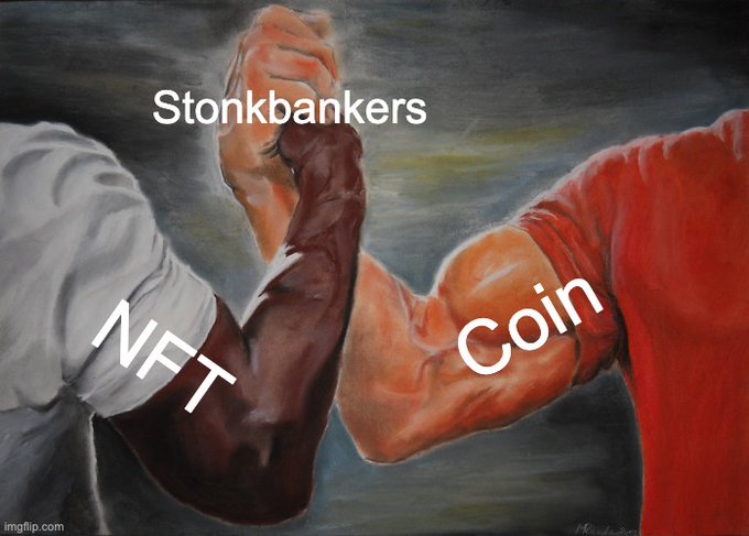 A meme using the 'Epic Handshake' painting showing muscular arms clasping, labeled 'Stonkbankers', 'NFT', and 'Coin'.