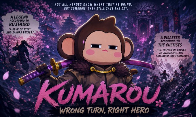 Promotional artwork for the game 'KUMAROU: Wrong Turn, Right Hero' featuring a monkey samurai character with a katana, with text noting 'A LEGEND ACCORDING TO KUJIHIKO' and 'A DISASTER ACCORDING TO THE CULTISTS'.