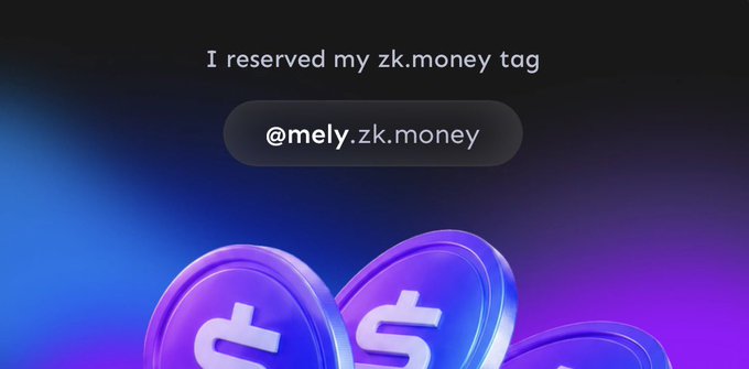 A digital graphic displaying 'I reserved my zk.money tag' and '@mely.zk.money' above blue cryptocurrency coins with dollar signs.