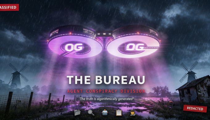 The image shows a poster for an anime game called "The Bureau" featuring two purple UFOs flying over a field with windmills in the background. The poster also includes text that reads "The Bureau Agent Conspiracy Division", which suggests that the game is related to a conspiracy or secret organization.