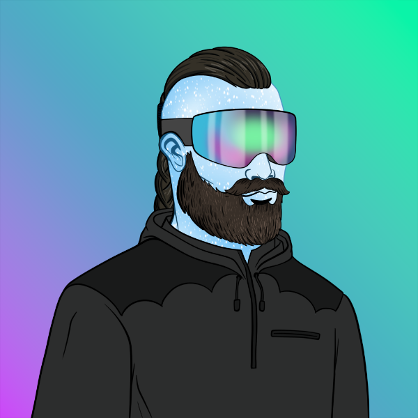 A digital illustration of a bearded man with a braided hairstyle wearing futuristic, iridescent visor sunglasses and a black hoodie against a blue-to-green gradient background.