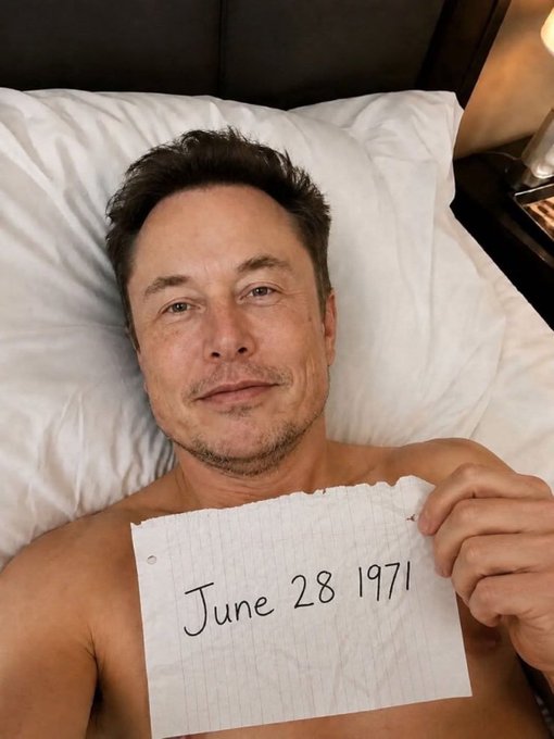 Elon Musk lies shirtless on white pillows holding a handwritten note that reads 'June 28 1971', in what appears to be a hotel room setting.