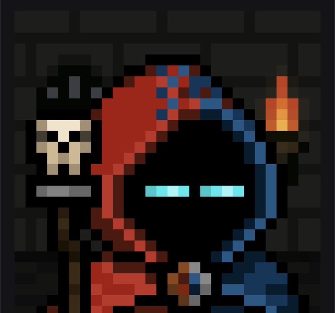 A pixel art image depicts a hooded character in red and blue robes holding a skull-topped staff and a lit torch against a dark brick background.