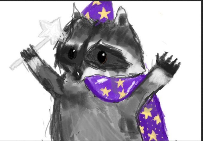 A digital drawing shows a black and white cartoon animal wearing a purple wizard hat, cape, and bandana adorned with yellow stars, holding a star-tipped wand with arms raised triumphantly. The whimsical "non-consensus wizard" mascot visually reinforces the post's theme of confidently embracing an overlooked or contrarian position, awaiting the moment the crowd "rediscovers" the conviction being held.