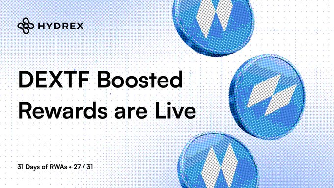 Hydrex banner announcing "DEXTF Boosted Rewards are Live" as part of the "31 Days of RWAs • 27 / 31" series, featuring blue circular Hydrex token icons. The announcement highlights that the $WETH side of DEXTF Hydrex LP is now earning 25% APR.