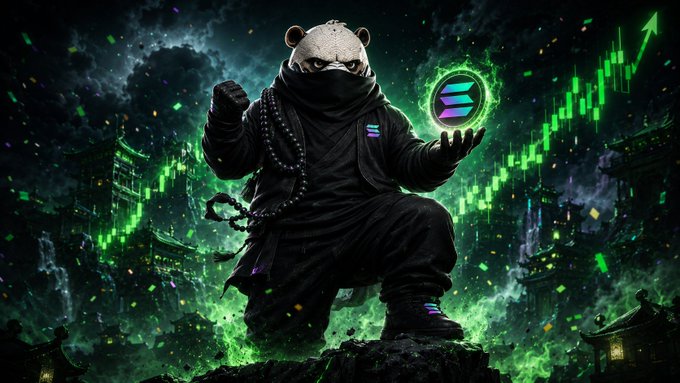 A digital artwork of a panda warrior in a black ninja outfit holding a glowing orb containing the Solana (SOL) logo, with rising green candlestick charts in the background.