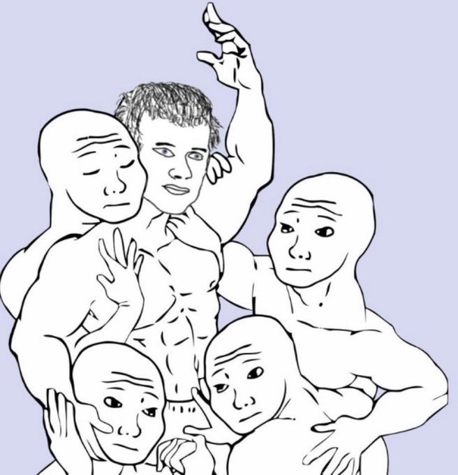 A black and white line drawing meme featuring Wojak characters surrounding a muscular, detoured version of the Nordic Gigachad figure with one arm raised.