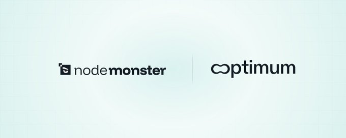 A simple logo display on a light gradient background featuring the 'nodemonster' and 'optimum' brand logos separated by a vertical line.