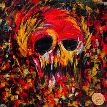 A vibrant, fiery acrylic painting depicting a skull engulfed in red, orange, and black flames, with a copper-colored coin token visible in the bottom right corner. The intense, hellish artwork visually embodies the "drive-thru daydream" aesthetic promoted in the post, which advertises a SuperRare NFT collection where only 8 of 21 original pieces remain available.