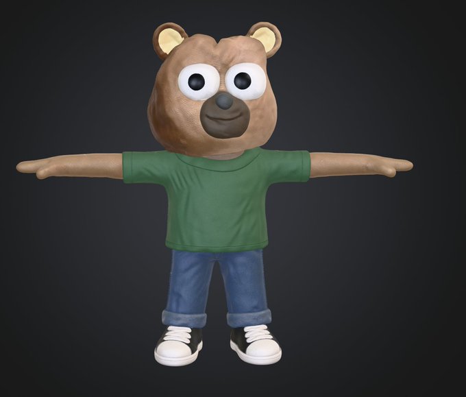 A 3D-rendered cartoon bear character with a brown head and tan body stands in a T-pose, wearing a green t-shirt, rolled-up jeans, and black-and-white sneakers, representing the mascot for the "ClayStonKz" channel as promoted by the caption "CLAY IS THE WAY."