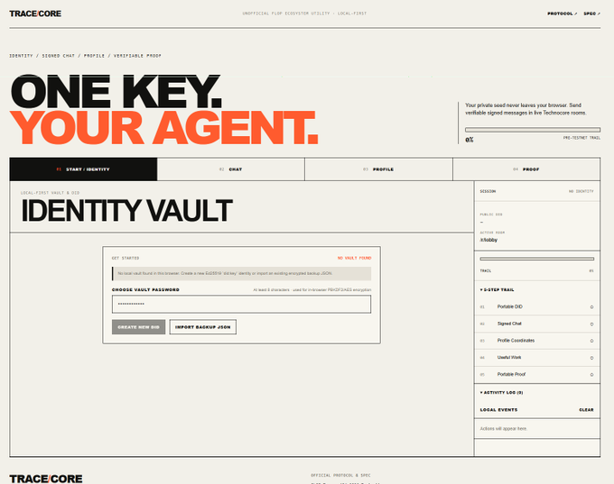 A screenshot of a website called "TRACE CORE" with the heading "ONE KEY. YOUR AGENT." showing an "IDENTITY VAULT" section with a password input field.