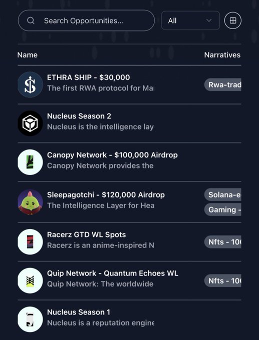 A mobile app interface titled 'Search Opportunities...' listing various crypto and NFT airdrops including 'ETHRA SHIP - $30,000', 'Nucleus Season 2', 'Canopy Network - $100,000 Airdrop', and 'Sleepagotchi - $120,000 Airdrop'.